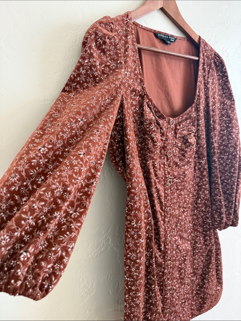 Veronica Beard Rust-Brown Floral Mini Dress with Faux Button Accents